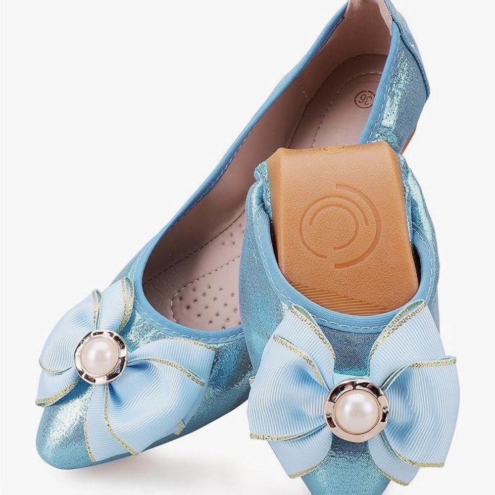 Blue Bow Embellished Foldable Ballet Women's Flats